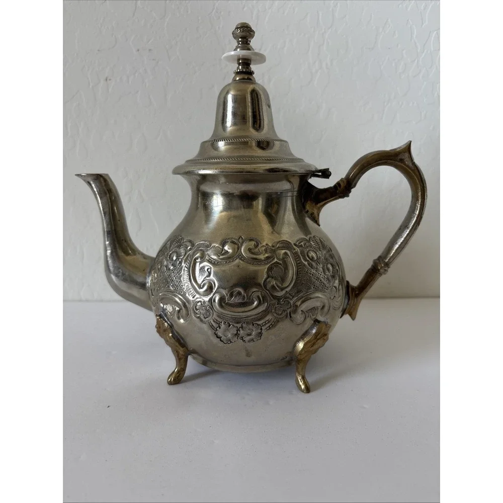 Traditional Vintage Moroccan Silver Teapot Gold Colored Handle Feet